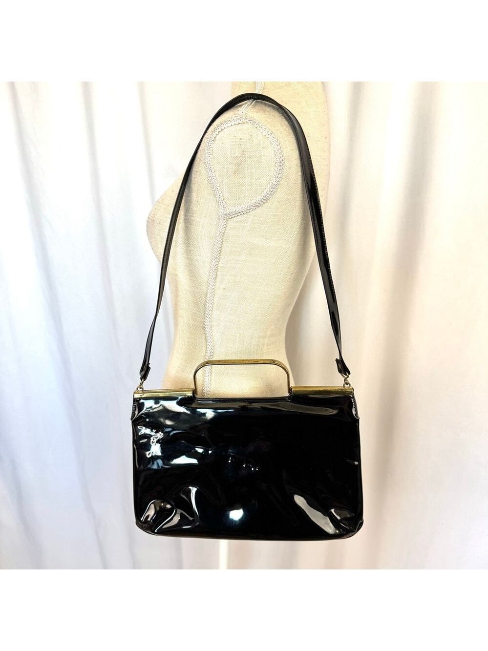 Vintage 50s Black Patent Purse Handbag Crossbody Mod Mid-Modern Century Rare